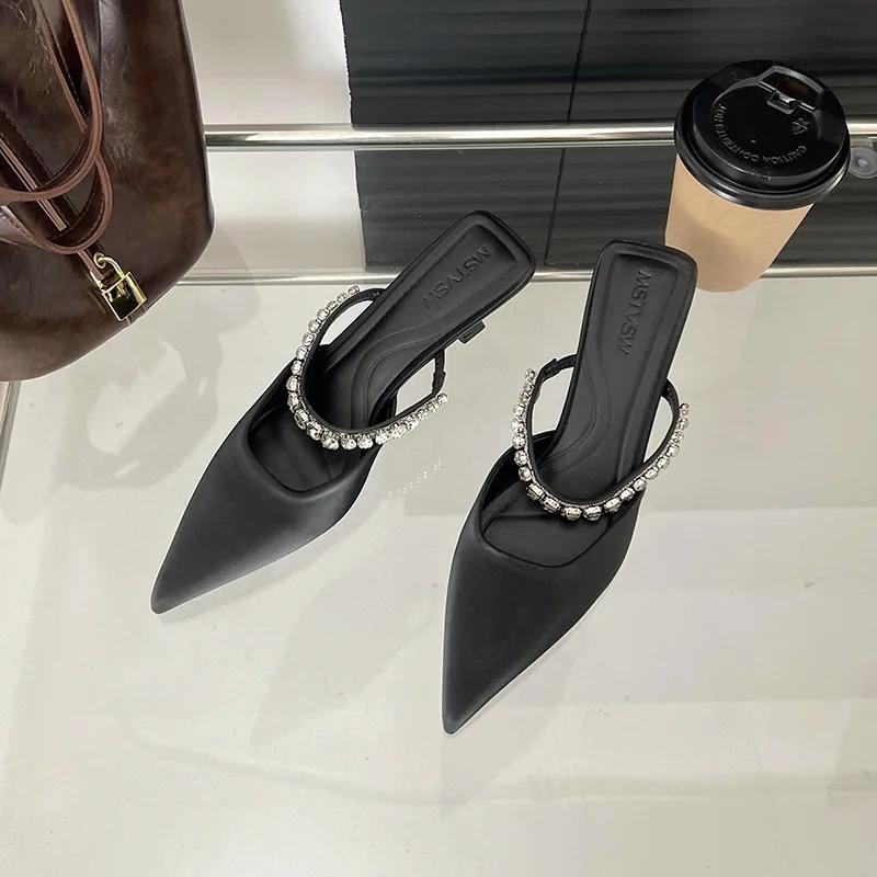 Fashion 2025 Spring New Female Black Satin Rhinester Bright High Heels Pointed Head After Empty Fashion Slippers Sandalias Mujer