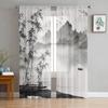 Chinese Ink Landscape Painting Bamboo Sheer Voile Curtains for Bedroom Living Room Kitchen Decor Chiffon Tulle Windows Curtain