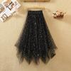 Autumn Winter Long Skirts Women Mesh Elastic Waist Vintage Elegant Sequined Star Gauze Skirt Mid-length Skirt