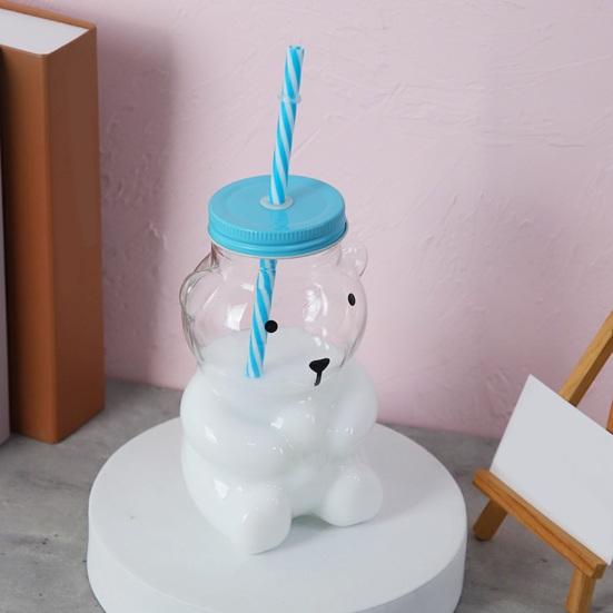 Bear Glass Cup with Spill-Proof Lid And Straw Cute Bear Tumbler for Smoothies Coffee Juice Thick Glass Mug for Home Office Travel