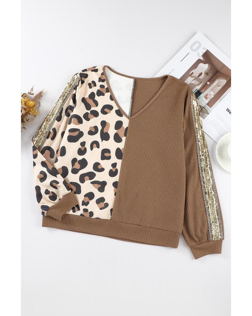 Azura Exchange Brown Leopard Splicing Waffle Knit V Neck Top
