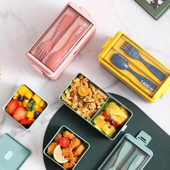 Lunch Box Compartment Design Easy Carrying Double Layer Microwave Safe Japanese Style Students Bento Box with Fork Spoon Daily Use