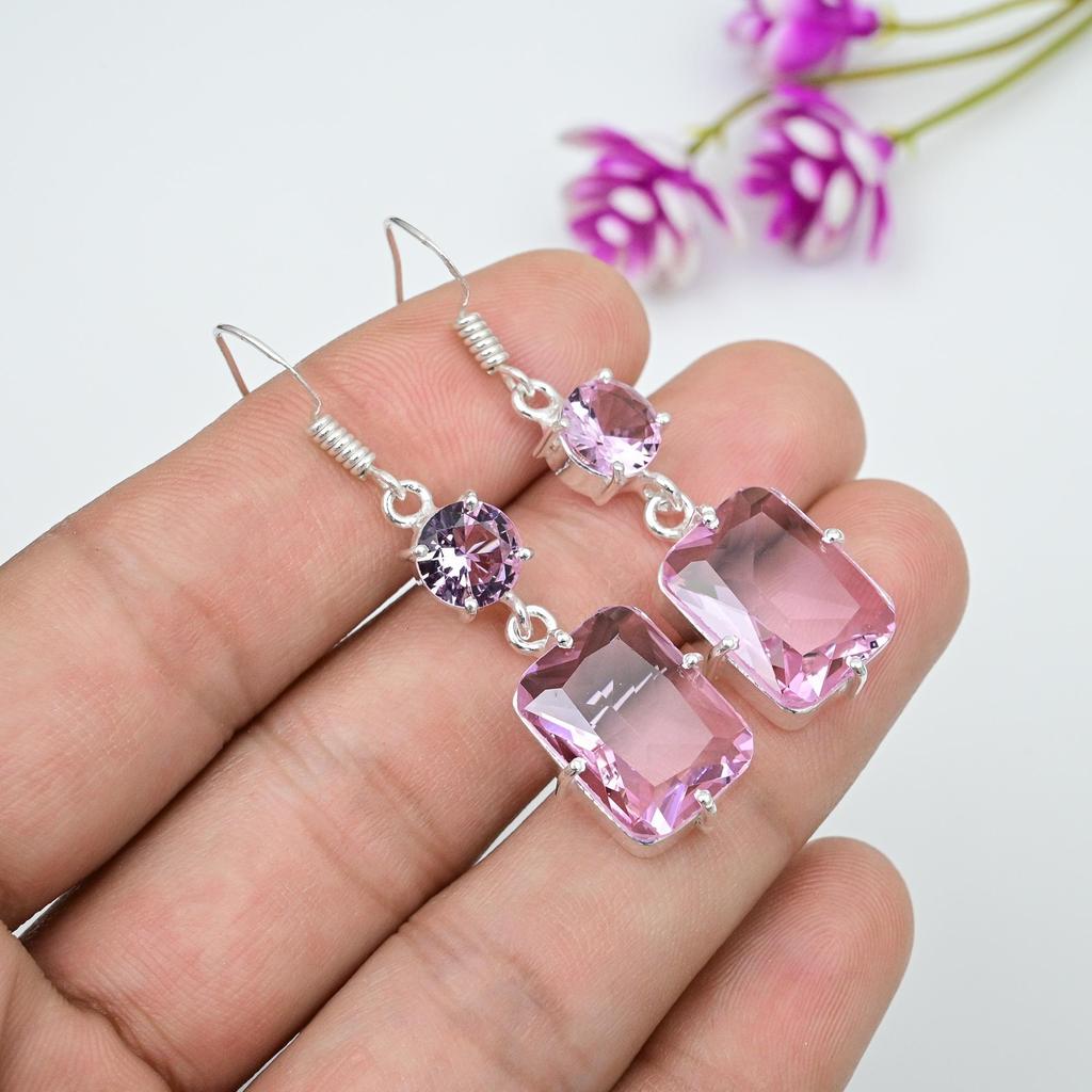 Pink Kunzite Earrings Gemstone Jewelry, 925 Solid Sterling Silver Earrings, Handmade Jewelry Birthstone Earrings, Gift For Him