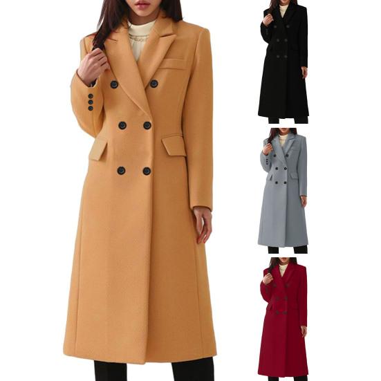 Women Fall Winter Coat Double-breasted Turn-down Collar Loose Solid Color Long Sleeve Button Decor Thickened Warm Windproof Lady OL Commute