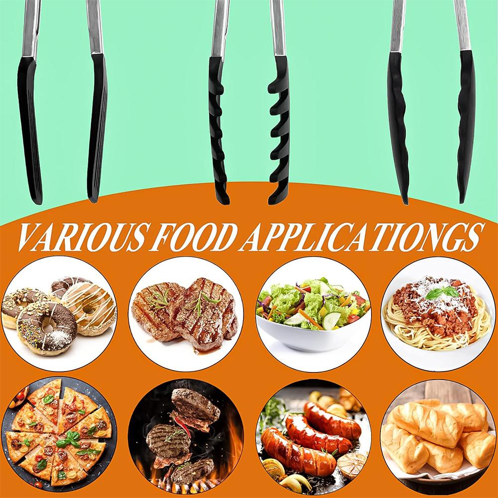 LMETJMA 3 In 1 Silicone Kitchen Cooking Tongs Set Stainless Steel Nonstick Food Tongs with Silicone Tips BBQ Grilling Tong JT303