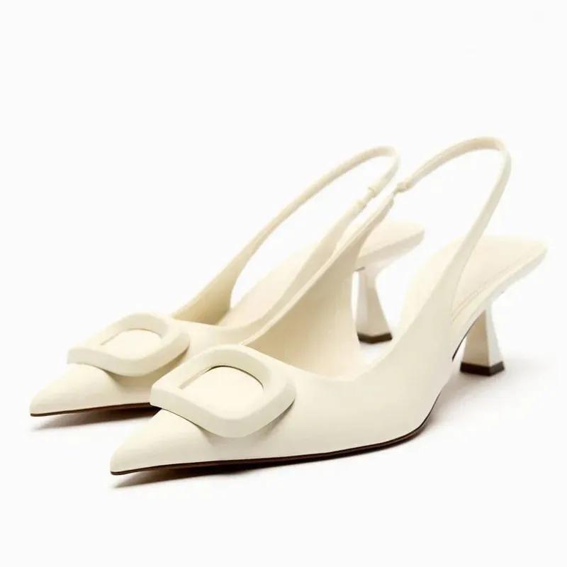 TRAF Womans Black Leather High Heel Sandals Sexy Pointed Toe Slingback Metal Buckle Pumps Sandals Summer Party High Heel Sandals