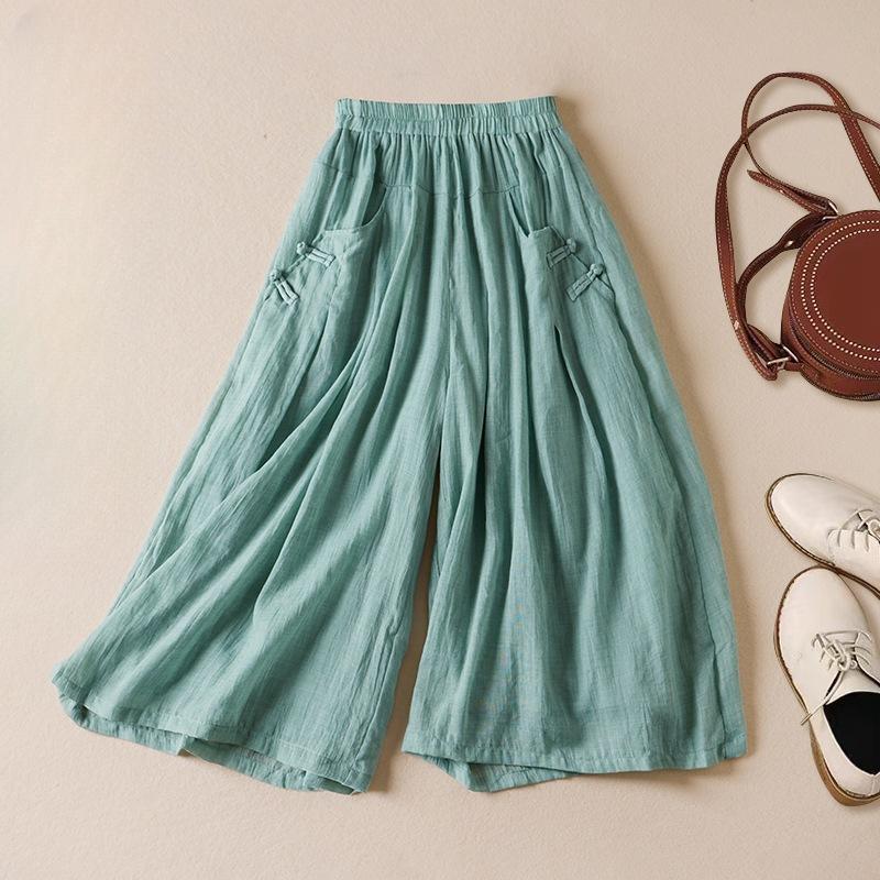 Summer Literature Loose Solid Color Cotton Linen Elastic Waistband Cropped Pants for Women Trousers Women’s