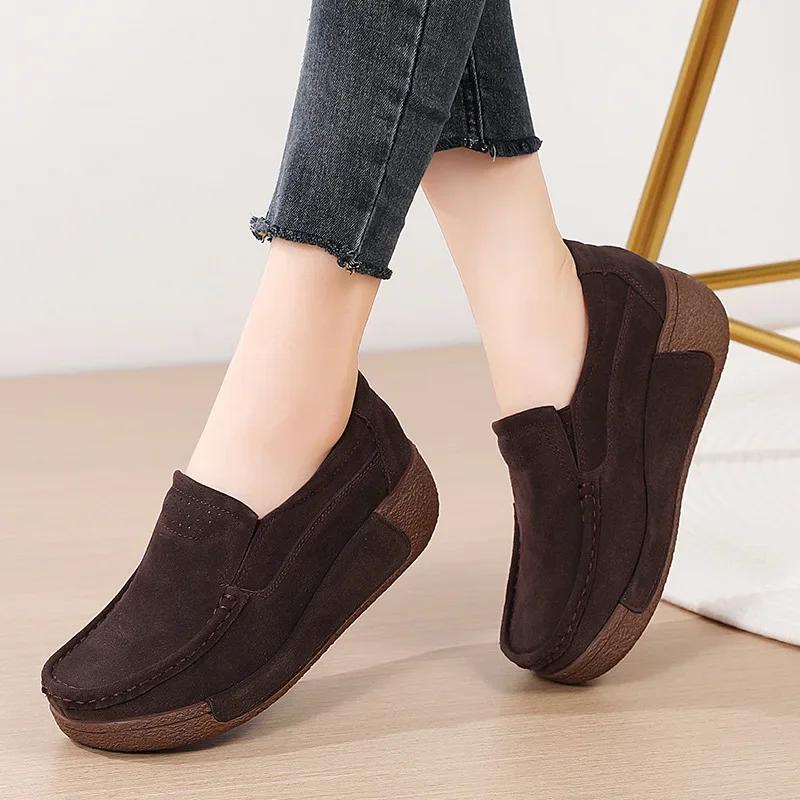 Fashion New Spring Autumn Women Loafers Flats Ladies Genuine Leather Moccasins Fall Slip-on Casual Round Toe Handmade Platform Shoes