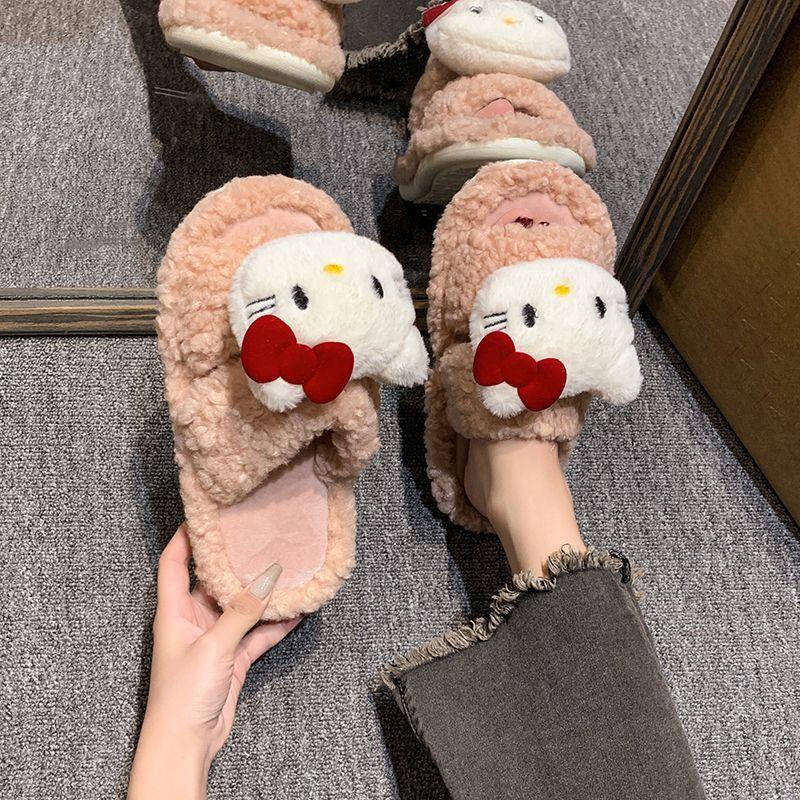 High-value Xiaoxiangfeng Flat-bottomed Cotton Slippers, New Models In Autumn and Winter 2025, Cute Cartoon Kitten Soft Bottom One-character Drag Girl