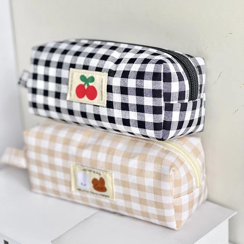 Checkboard Embroidery Pencil Bag Portable Stationery Bag High Capacity Kawaii Pens Women Girls Makeup Bags School Supplies