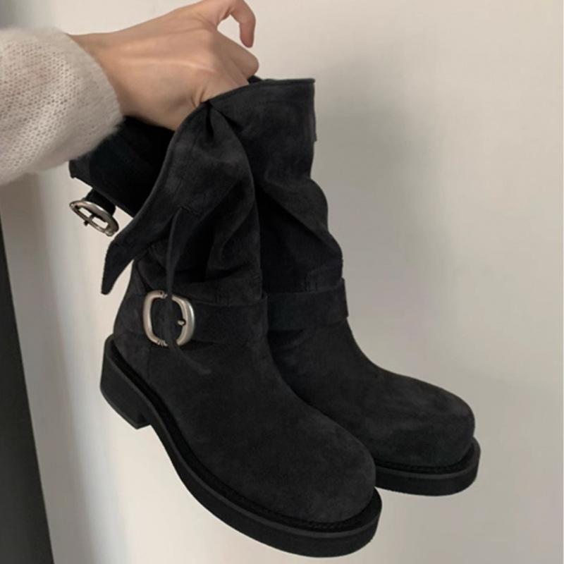 New Spot Grape Mother Same Marseille Diary Retro Metal Buckle Round Head Polished Martin Boots Leather Locomotive Pile