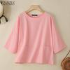 Женская повседневная однотонная блузка с круглым вырезом и рукавом 3/4