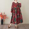 Spring and Summer New Vintage Cotton-Linen Round-neck Floral Pockets Long-Sleeved Dress for Women
