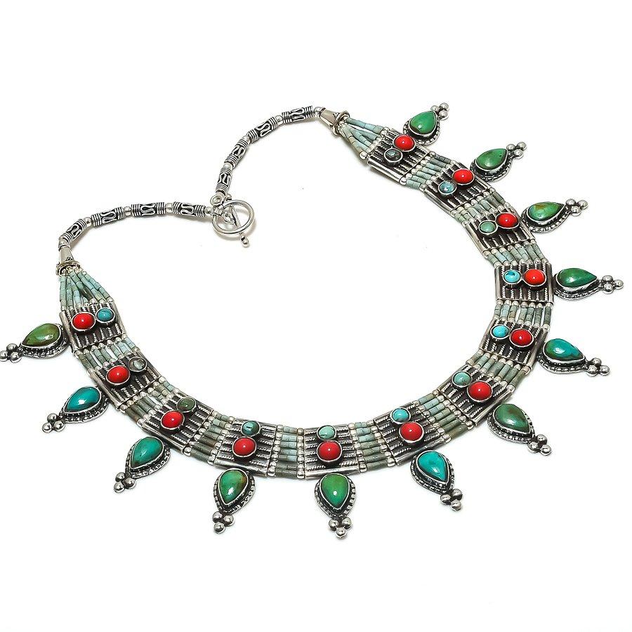 Tibetan Turquoise, Coral Gemstone Handmade 925 Sterling Silver Necklace 18" M8k73