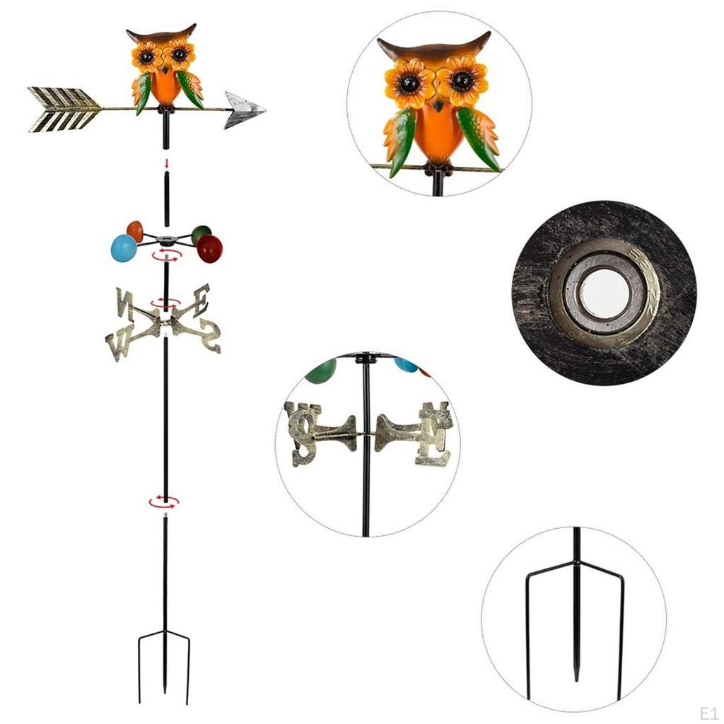 Owl Weathervane Wind Direction Indicator Iron with 3 Prongs Stake Decor Weather Vane for Outdoor