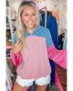 Pink Color Block Patchwork Corded Knit Loose Fit Hooded Blouse