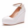 Thick-soled Wedge Single Shoes One-liner Strap White Round Toe Waterproof Platform Wedge Women's Shoes Wedge Wedding Shoes