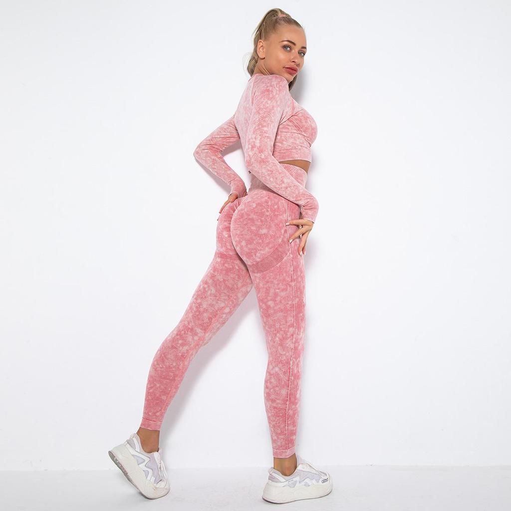 Women Seamless Washed Peach Hip Lifting Sports Running Fitness O Neck Long Sleeve Pant Suits