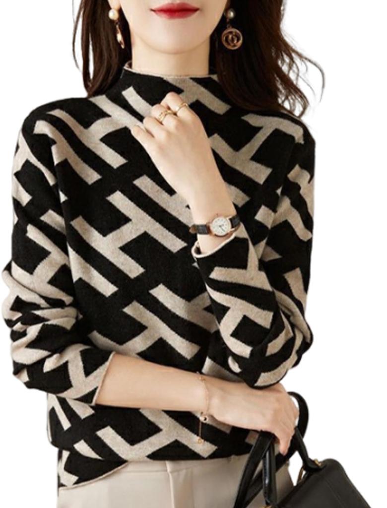 Knit H Long Sleeve Patterned Long Long Long Black Yuru Trendy Office Work Autumn Winter Winter Winter Clothes Winter Black [Neiman Bai] Women's