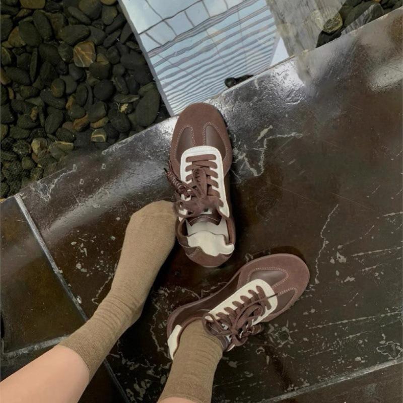 Sheepskin Version~ Grape Mother Lace-up Color Matching Round Head Versatile Comfortable Sports and Leisure Inner Height Increase Leather Training