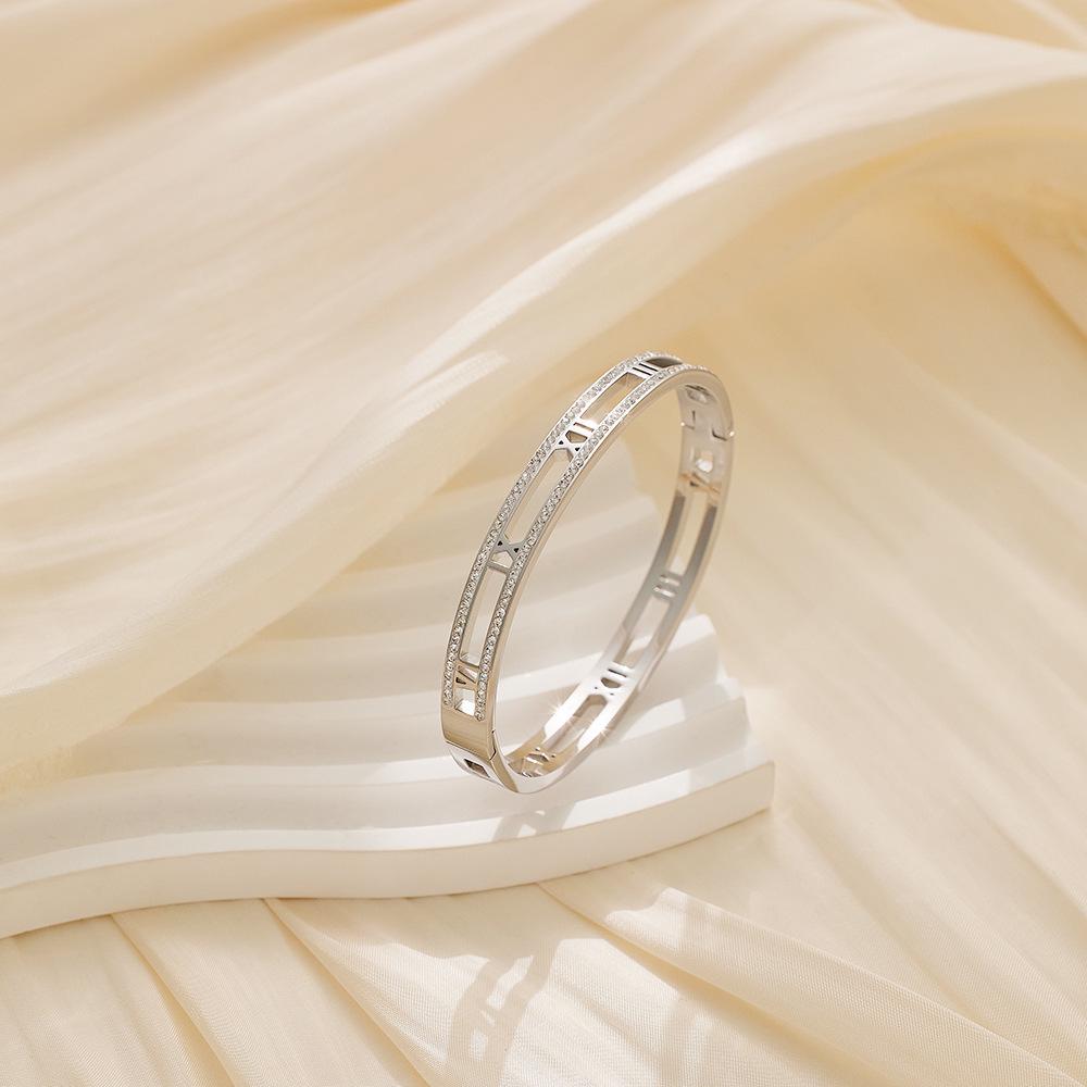 High-End Women's Silver Titanium Steel Zircon Bangle Bracelet