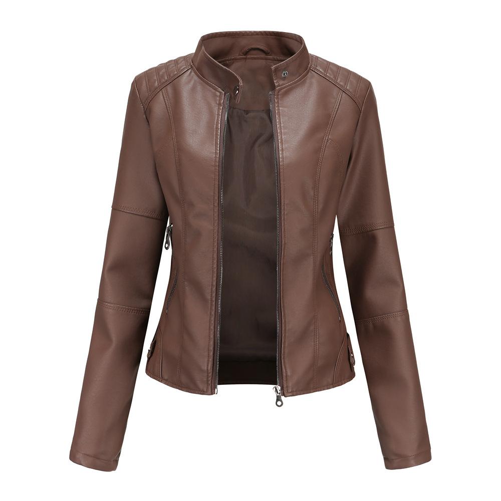 Women's Slim Fit Spring Autumn Solid Color Long Sleeve Stand Collar Leather Jackets S-4XL