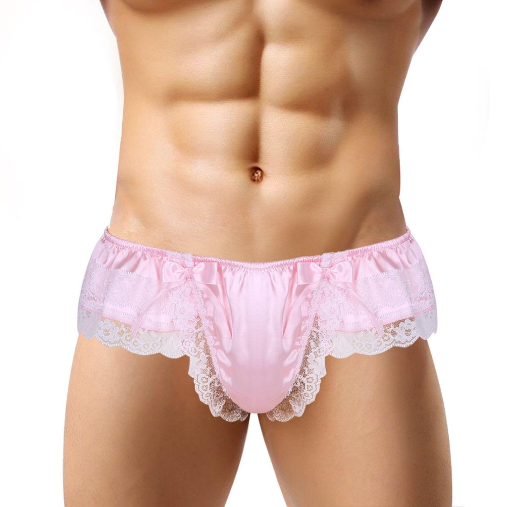 Men's Sissy Frilly Ruffled Lace Trim Crossdress Underwear G-String Thongs Briefs Panties
