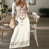 Women Dress Ethnic Style Print V Neck Long Sleeve Bohemian Loose A-line Pullover Soft Ankle