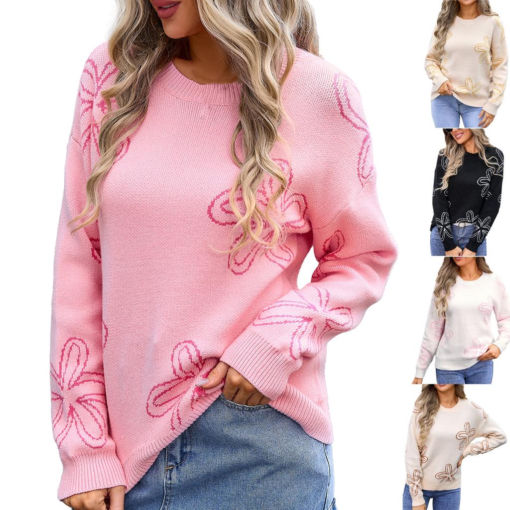 Women's Casual Fashion Comfortable Round Neck Pullover Contrast Color Flower Long Sleeve Street Trend Knitted Sweater