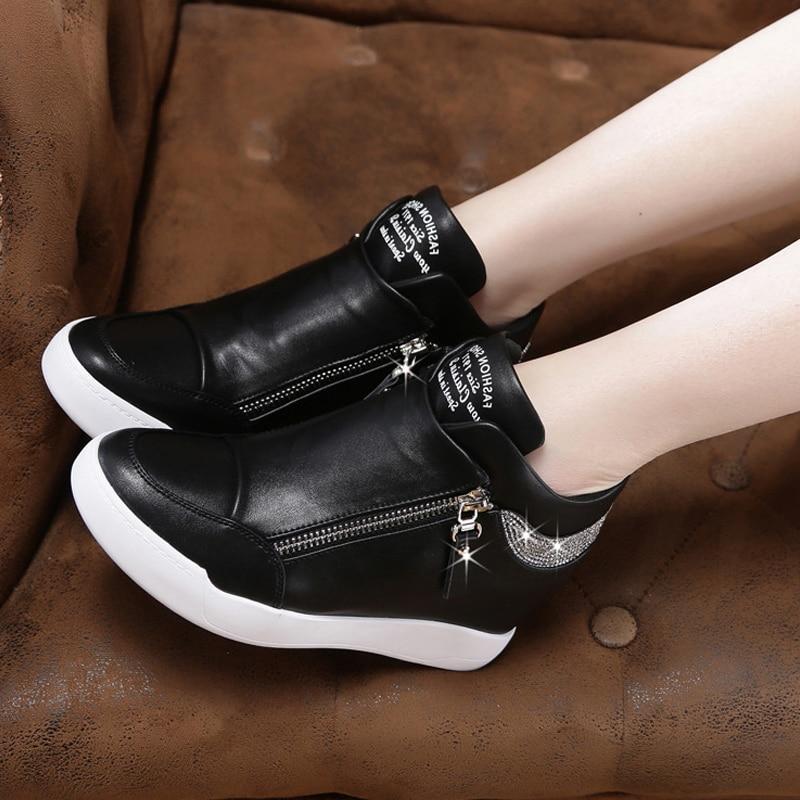 Plus Size Women Wedge Sneakers Side Zipper PU Leather Casual Flat Shoes Sequins Thick Bottom White Shoes Internal Heighten