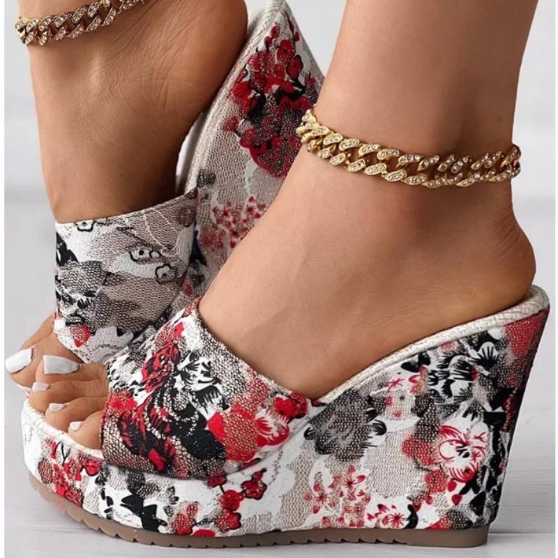Women Shoes Fashion Shoes Casual Flip Flops Summer Vintage Floral Print Peep Toe Wedge Slippers 35-42