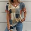 Summer Retro Women's T-shirt Casual Plaid Pattern Printed V-neck Short Sleeve