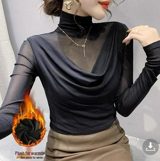 Европейский топ с высоким воротом из сетки с длинными рукавами - Женская облегающая осенняя рубашка