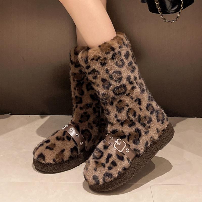 Leopard Fur Platform Women Snow High Boots Suede Plush Cotton Mid Heels Shoes 2025 Trend Winter Mid Calf Casual Warm Botas Mujer