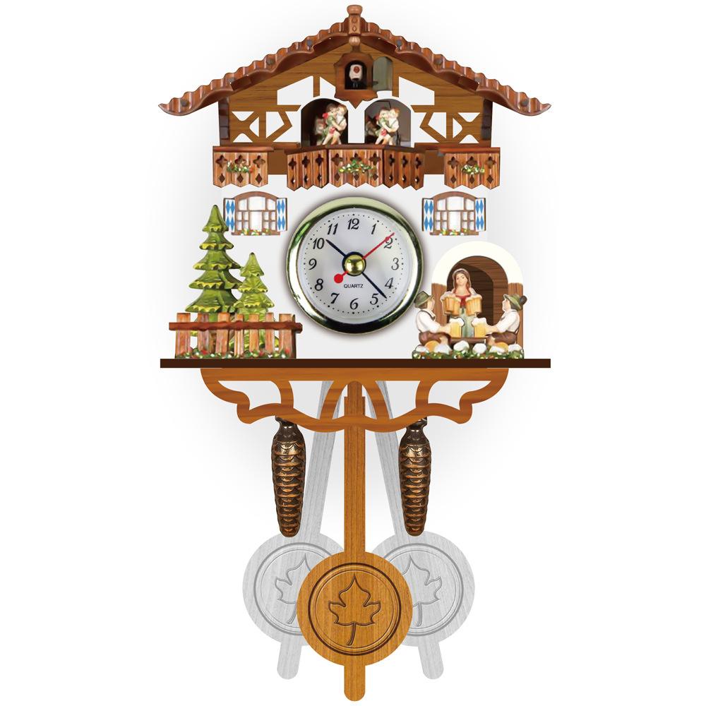 New Clock Wall Wooden Wood Pendulum Vintage Clocks Cuckoo Kids Bird Hanging Retro 3D Chiming Decor Forest Silent Decorative Room