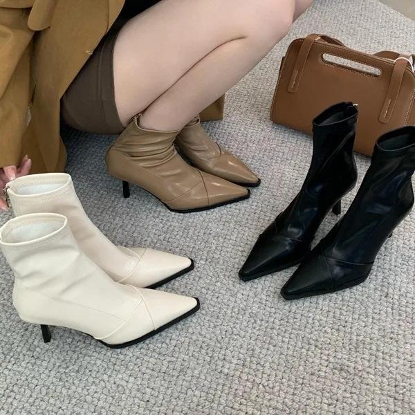 Fashion 2024 Autumn/Winter Sexy Skinny Heel Ankle Boots for Women Elastic Skinny Pointy Boots for Women