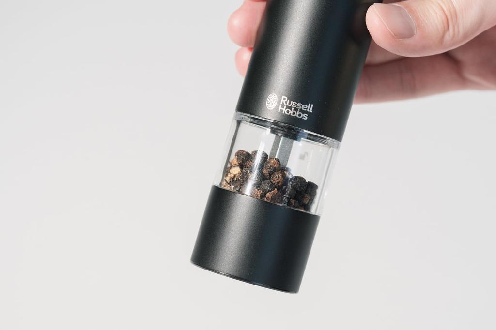 RUSSELL HOBBS Electric Salt & Pepper Mill, Rechargeable, for Rock Salt, Pepper, and Spices, Adjustable Coarseness, Mini, Set of 2, Black, 7942JP-BK