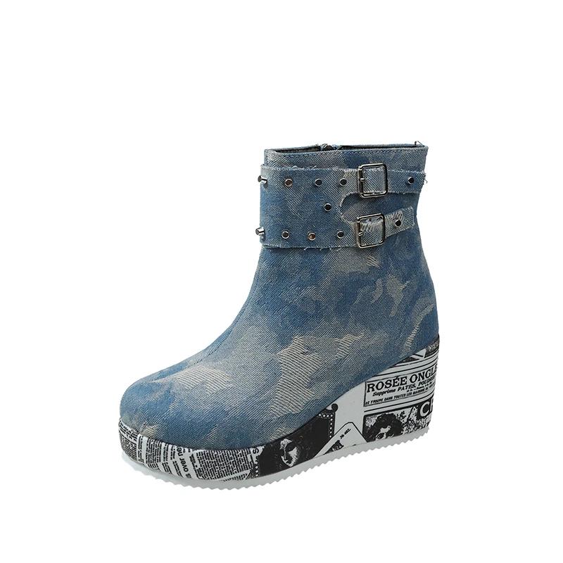 Thick Soled Boots Women Spring and Autumn 2024 New Denim Women's Boots Low Rise Casual Increase Height Shoes Female Mid-Calf