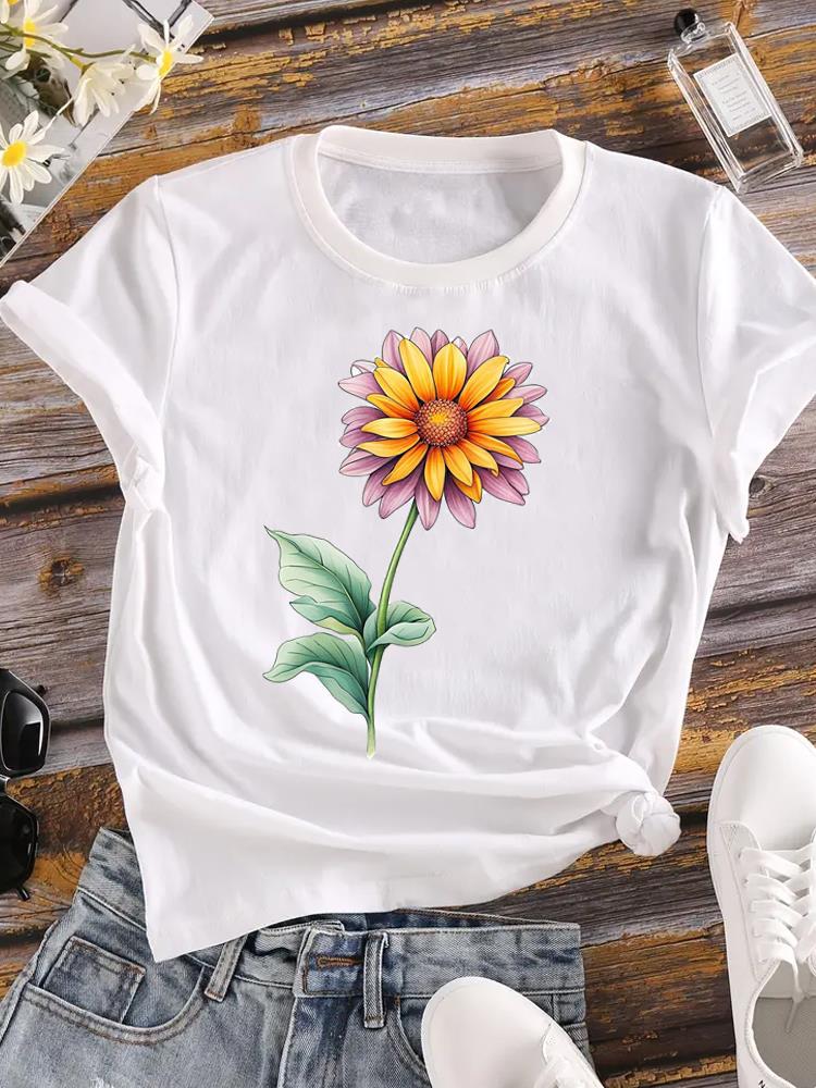 (Asian Size) Clothing T Shirt Love Heart Flower Cute Fashion Ladies Casual Women Tee Top Short Sleeve Print Lady Female Graphic T-shirts
