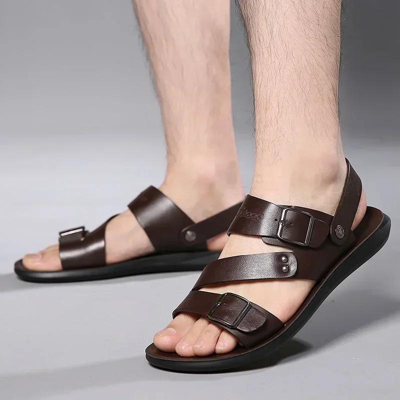 Men's Sandals Solid Color Open Toe Mens Leather Sandals 2024 New Slippers Beach for Male Leather Footwear