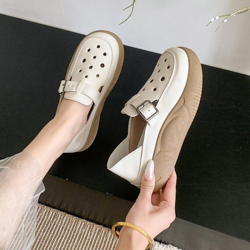 Retro Solid Color Hollow Thick-soled Lazy Shoes Summer New Large Size Two Wear Casual Shoes Round Head Mother Shoes Women