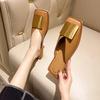 Brand Designer Women Slippers Fashion Metal Buckle Mules Flat Heels Square Toe Shallow Shoes Outdoor Slide Female Casual Sandal