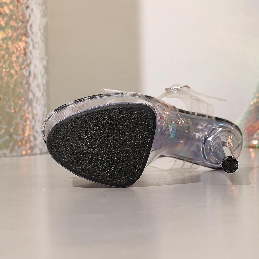 Женские босоножки на шпильке с кристаллами на одной лямке - Прозрачный леопардовый принт