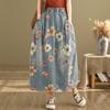 Mori Girl Spring Autumn Women Midi Denim Skirt Elastic Waist Floral Print Vintage Skirt Retro Elegant Ladies's Skirt With Pockets