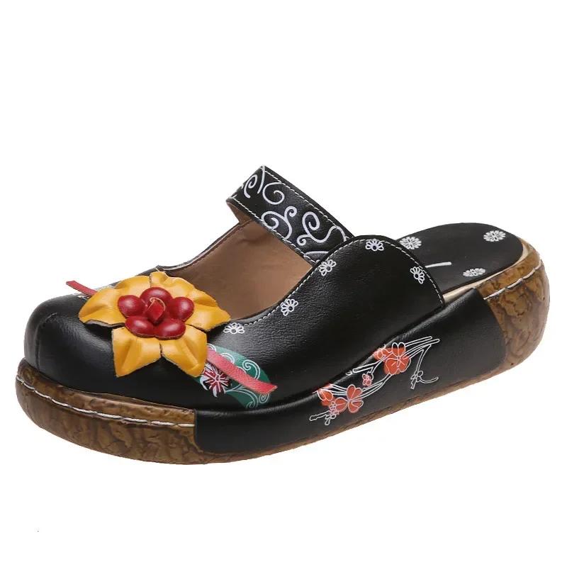 Fashion Women's Tribal Style Flower Platform Mules, Floral Print Wedge Heeled Clogs, Closed Toe Shoes