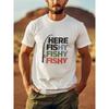 Summer Casual Graphic Tee - Men's "Here Fishy Fishy" Black  T-Shirt - Round Neck, Short Sleeve with Colorful Fishing Rod Print