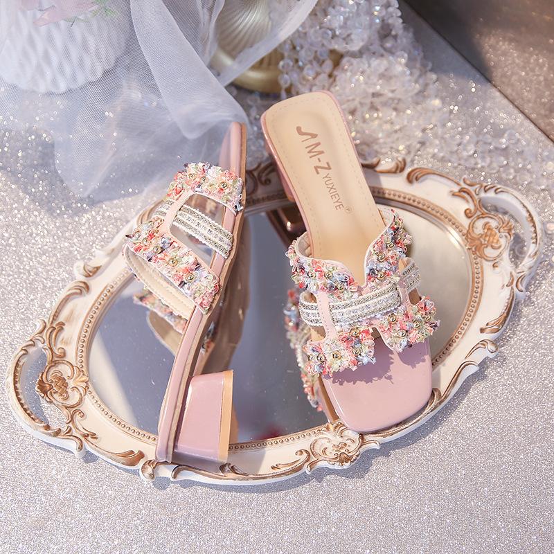 Women's Summer Outer Wear Thick Heel Fashion Medium Heel Not Tired Feet with Skirt Summer Going Out Slippers