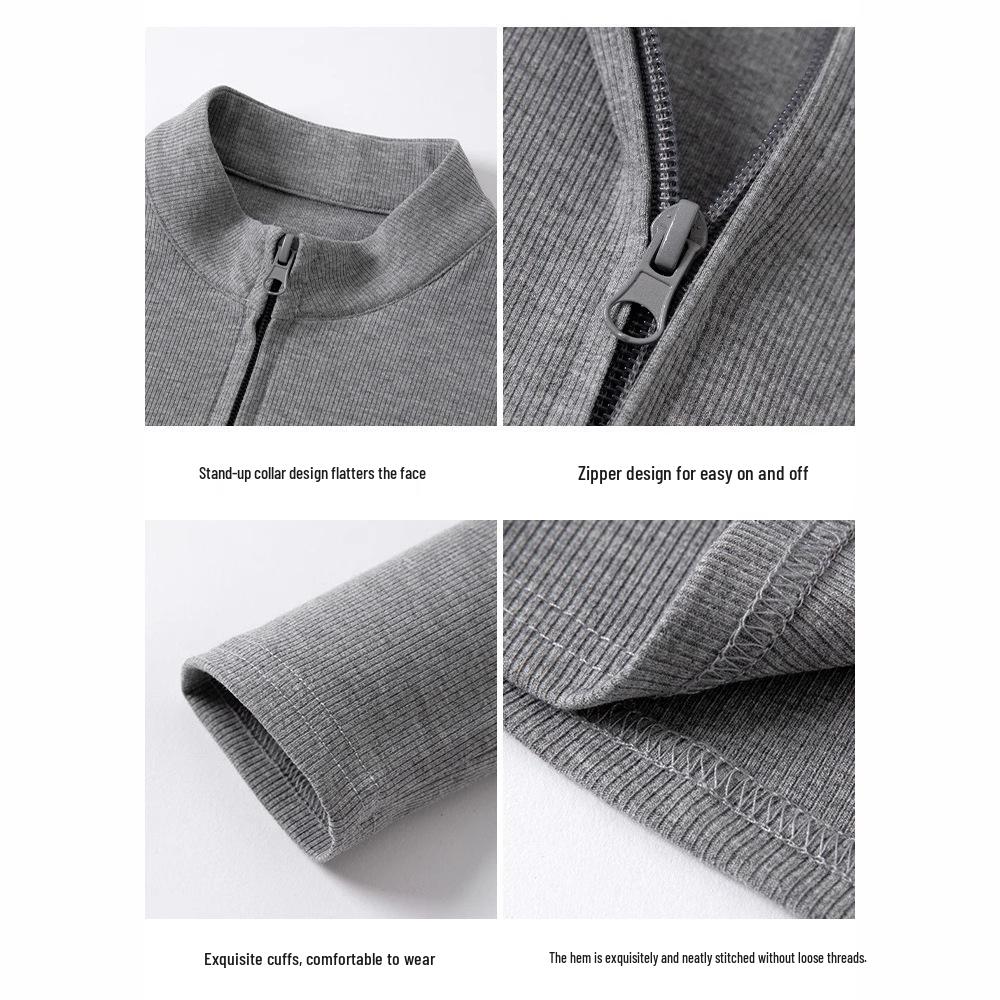 Women's Slimming Double Zipper Knitted Jacket with Stand Collar - Versatile Long Sleeve Cardigan for Spring and Autumn.