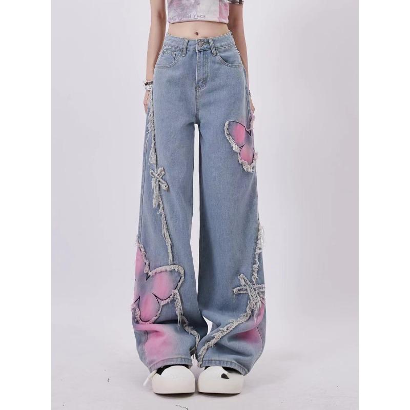 Women's Black Gothic Baggy Jeans Harajuku Y2k Aesthetic Butterfly Denim Trousers Korean Jean Pants Vintage 2000s Trashy Clothes