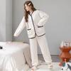 Winter Women Two-piece Set Pajamas Suit Thickened Plush Color Matching V-Neck Long Sleeve Single-breasted Coat Elastic Waist Loose Pants